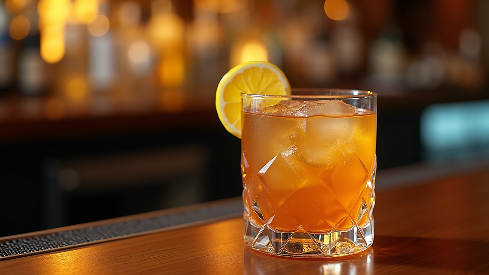 Close-up view of a classic cocktail with a twist of lemon on a polished wooden bar