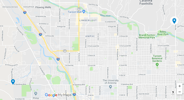 Map of Tucson AZ with locations