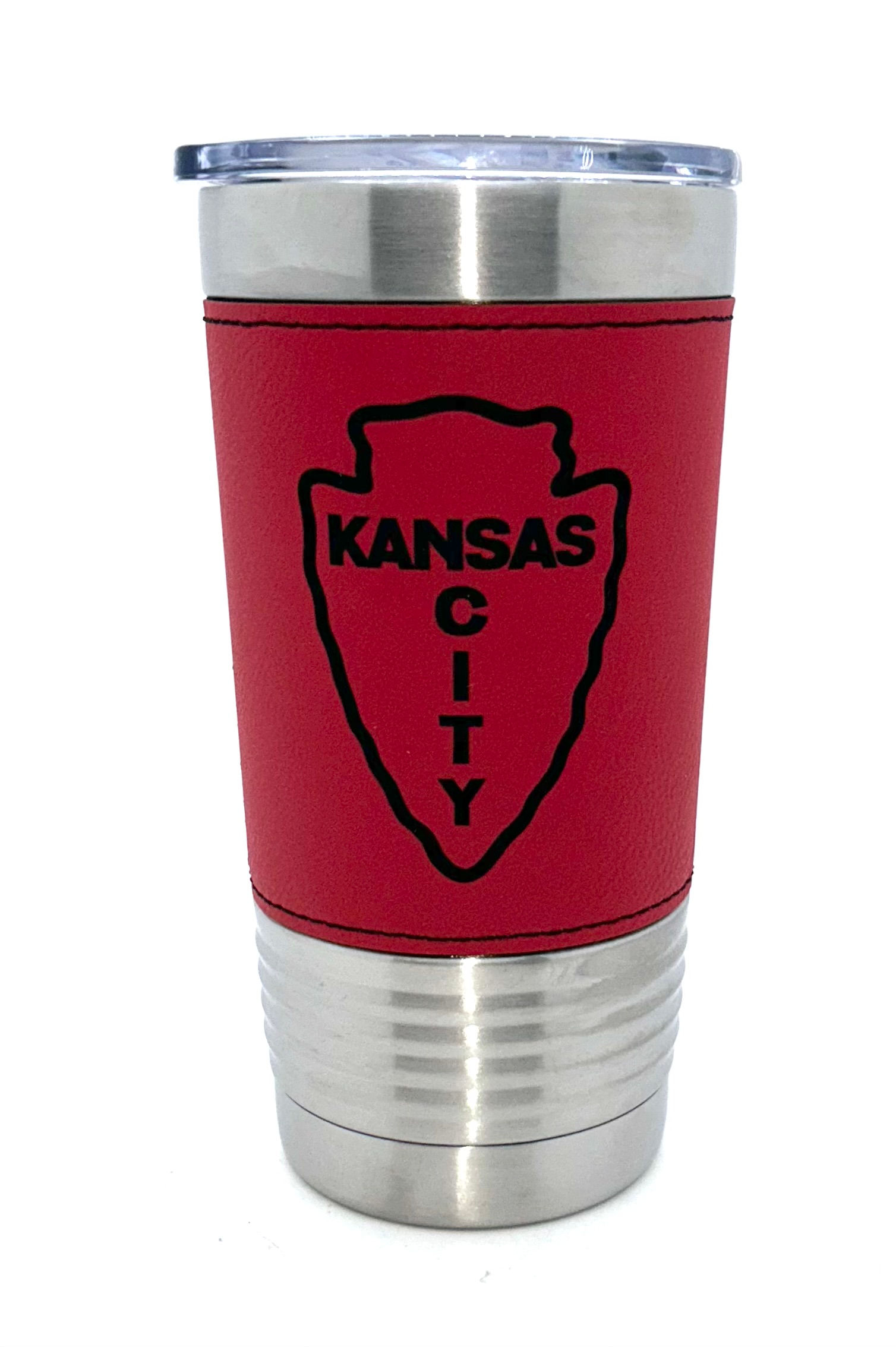 KANSAS CITY in Vertical Arrowhead on 20 oz Red Leatherette Stainless Tumbler