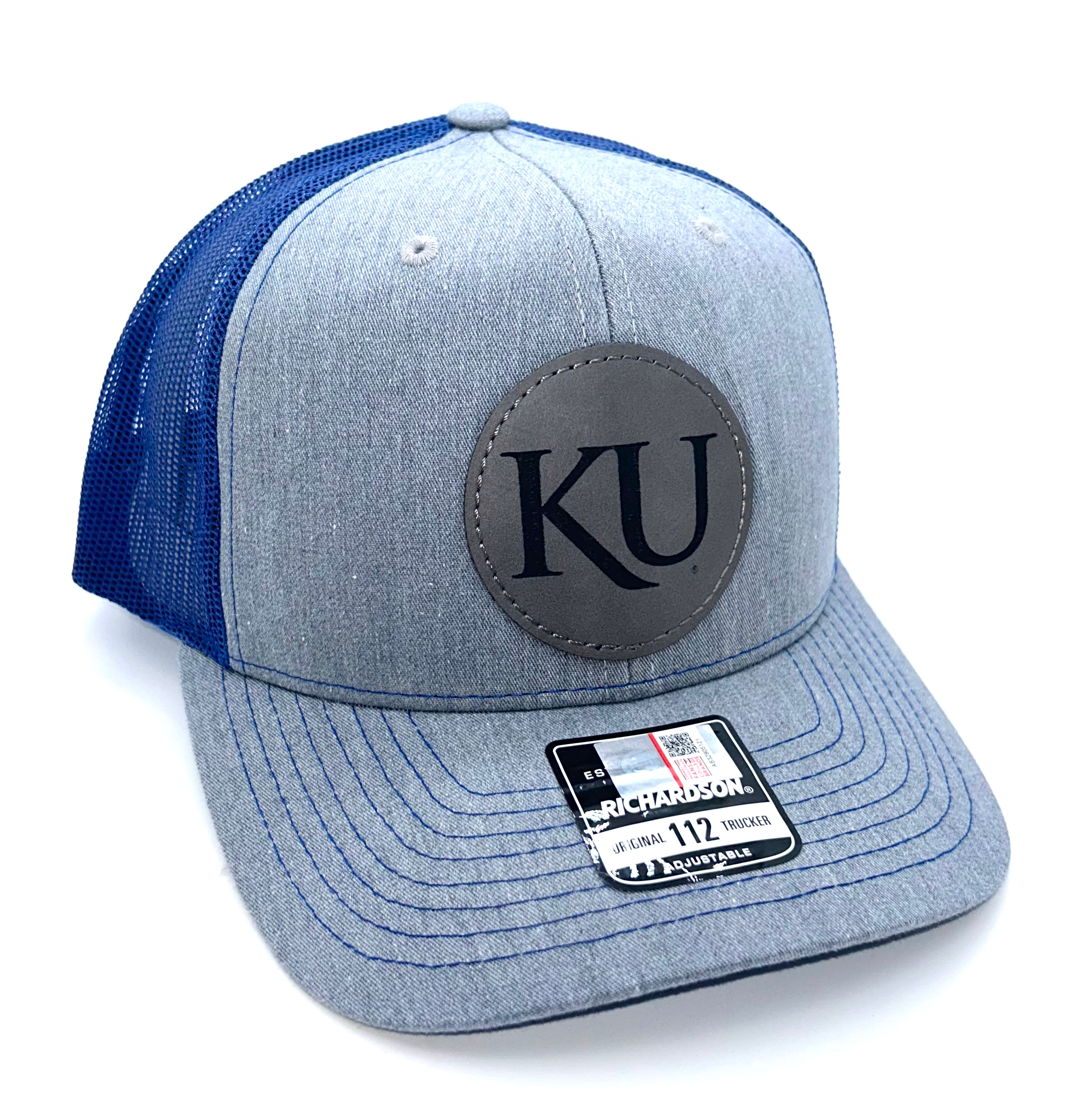 KU Letters Engraved on Round Patch Heather Gray and Blue Richardson 112 Hat