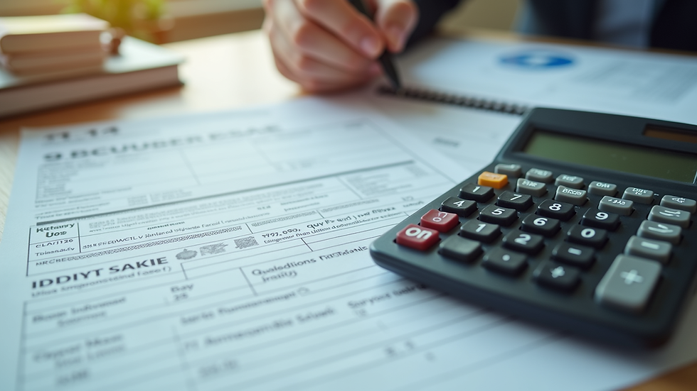 Close-up view of a calculator and tax forms on a desk