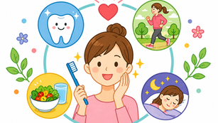 女性の周りに、歯や食事、運動、睡眠等を配置したイラスト