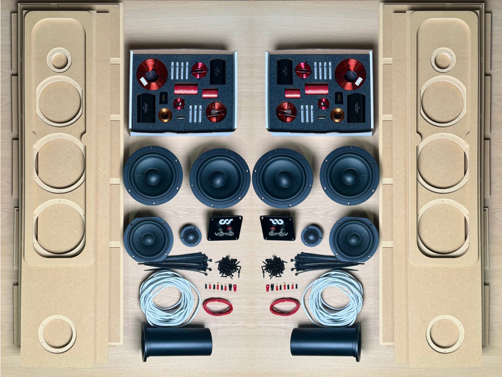 CSS Veritas Three speaker kit parts laid out