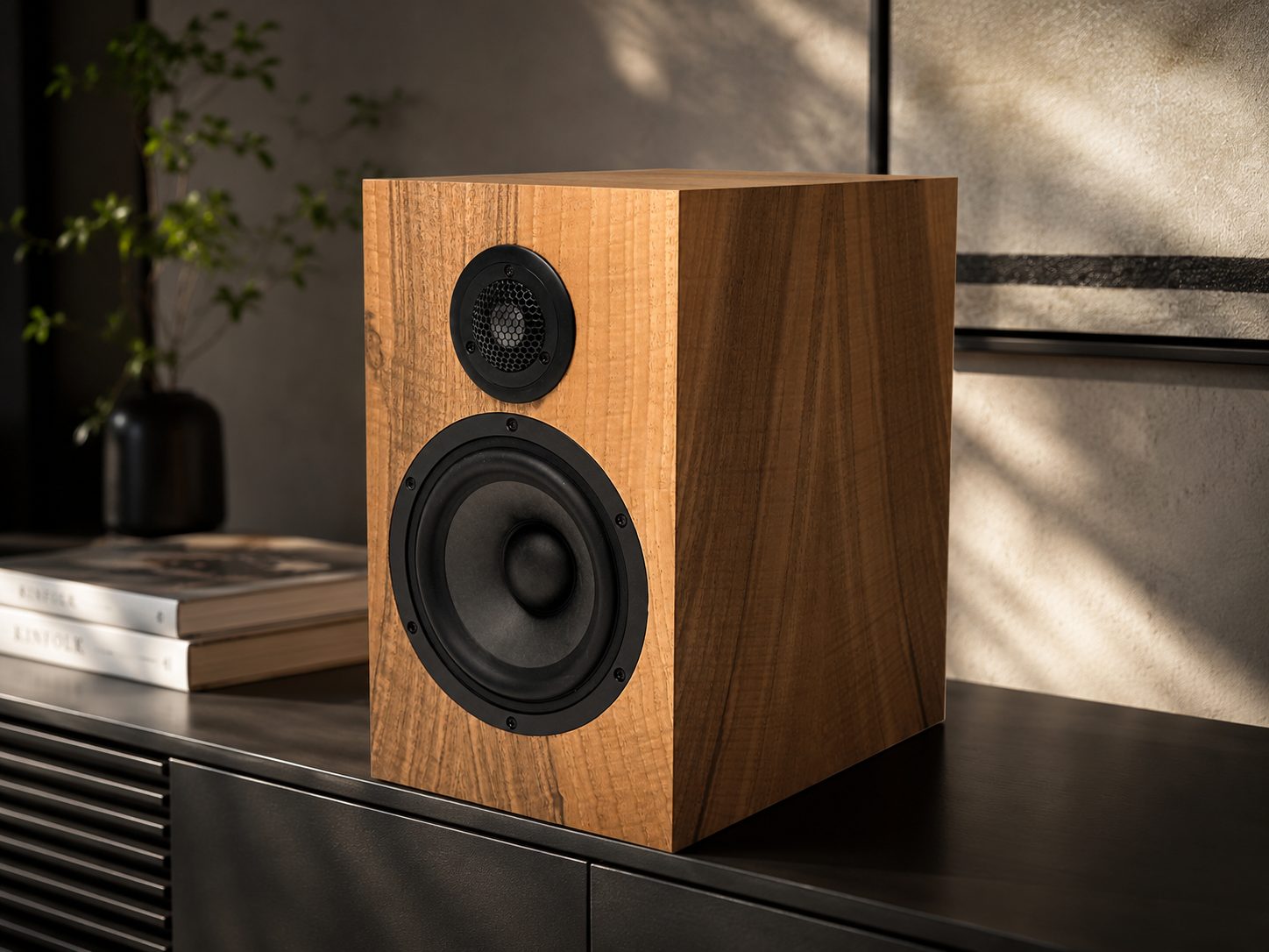 CSS Veritas One bookshelf speaker in a listening room