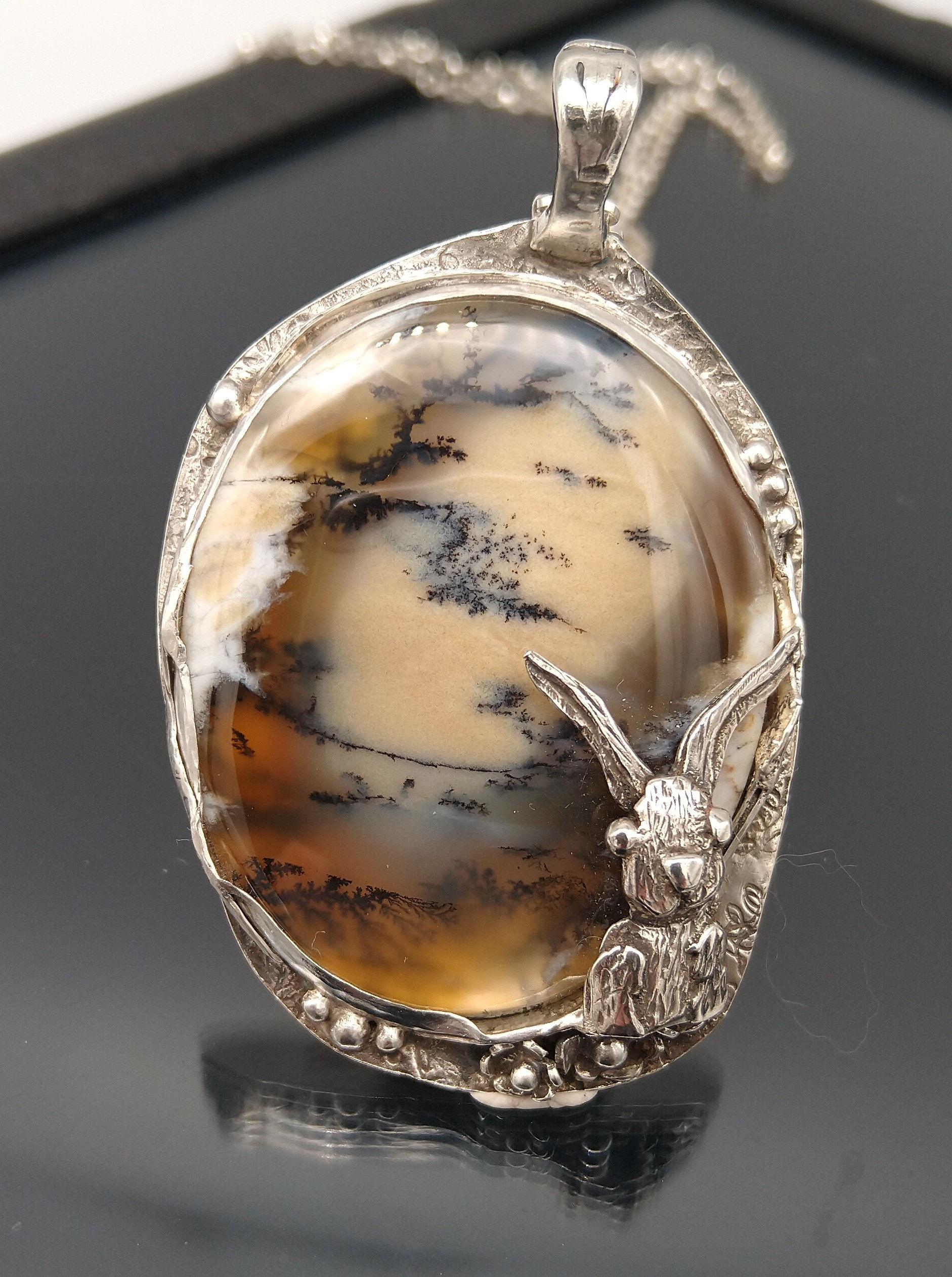 Dentritic Agate Pendant with Hare