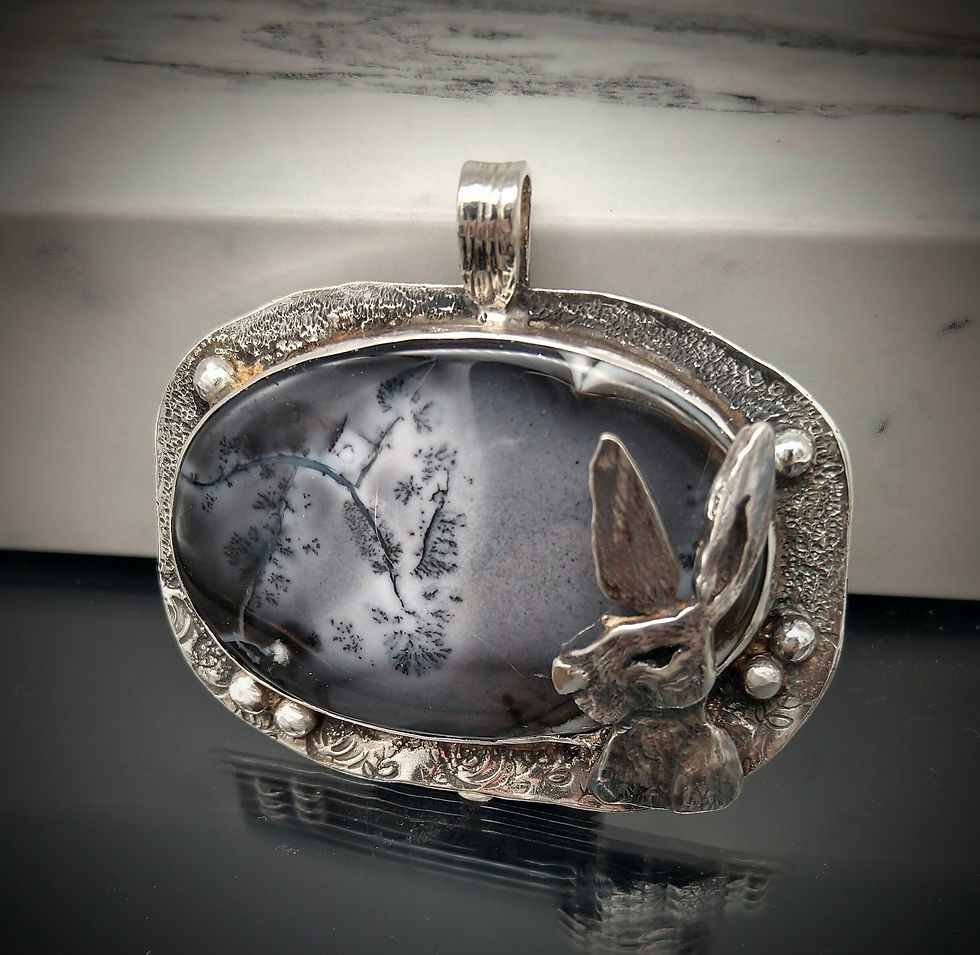 Dentritic Opal with Hand Carved Sterling Silver Hare