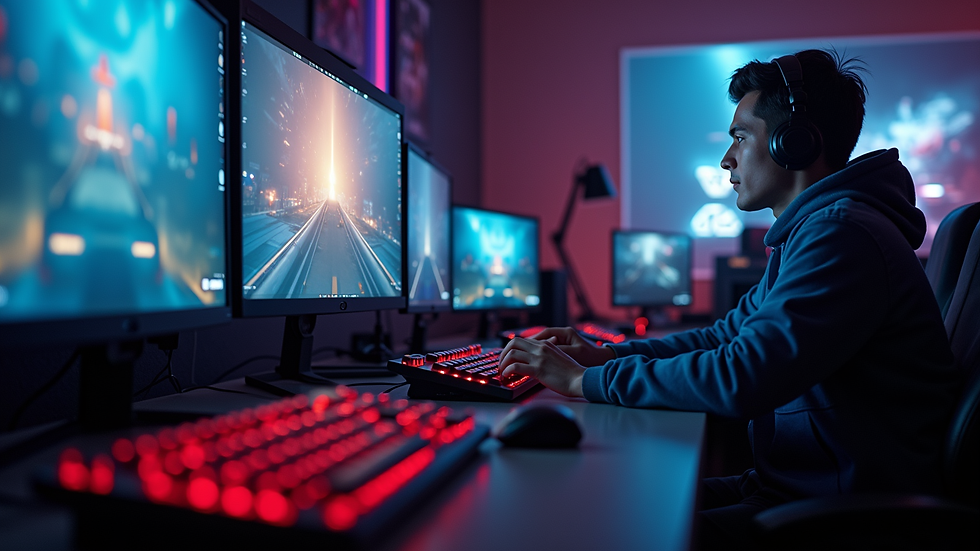 Eye-level view of a gaming setup with multiple screens displaying gameplay
