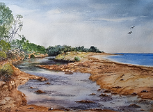 Jan Lowe | Our Beach - Saltewater Creek meets the Bay., Watercolor, AUSTRALIA