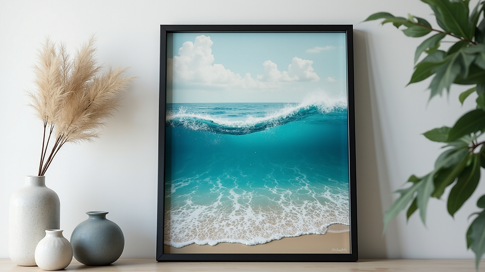 Eye-level view of a framed resin art piece depicting ocean waves