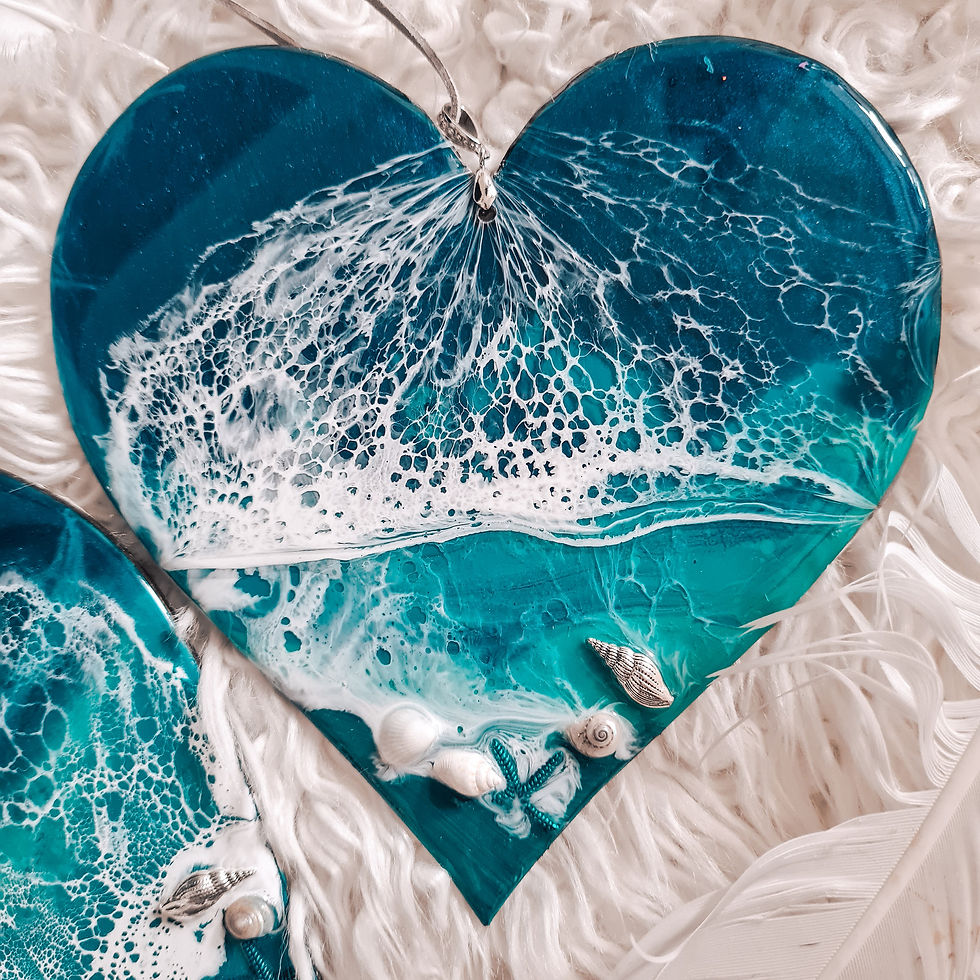 A breathtaking heart-shaped wall art piece, crafted with deep blue ocean resin and a vibrant spectrum of turquoise hues.