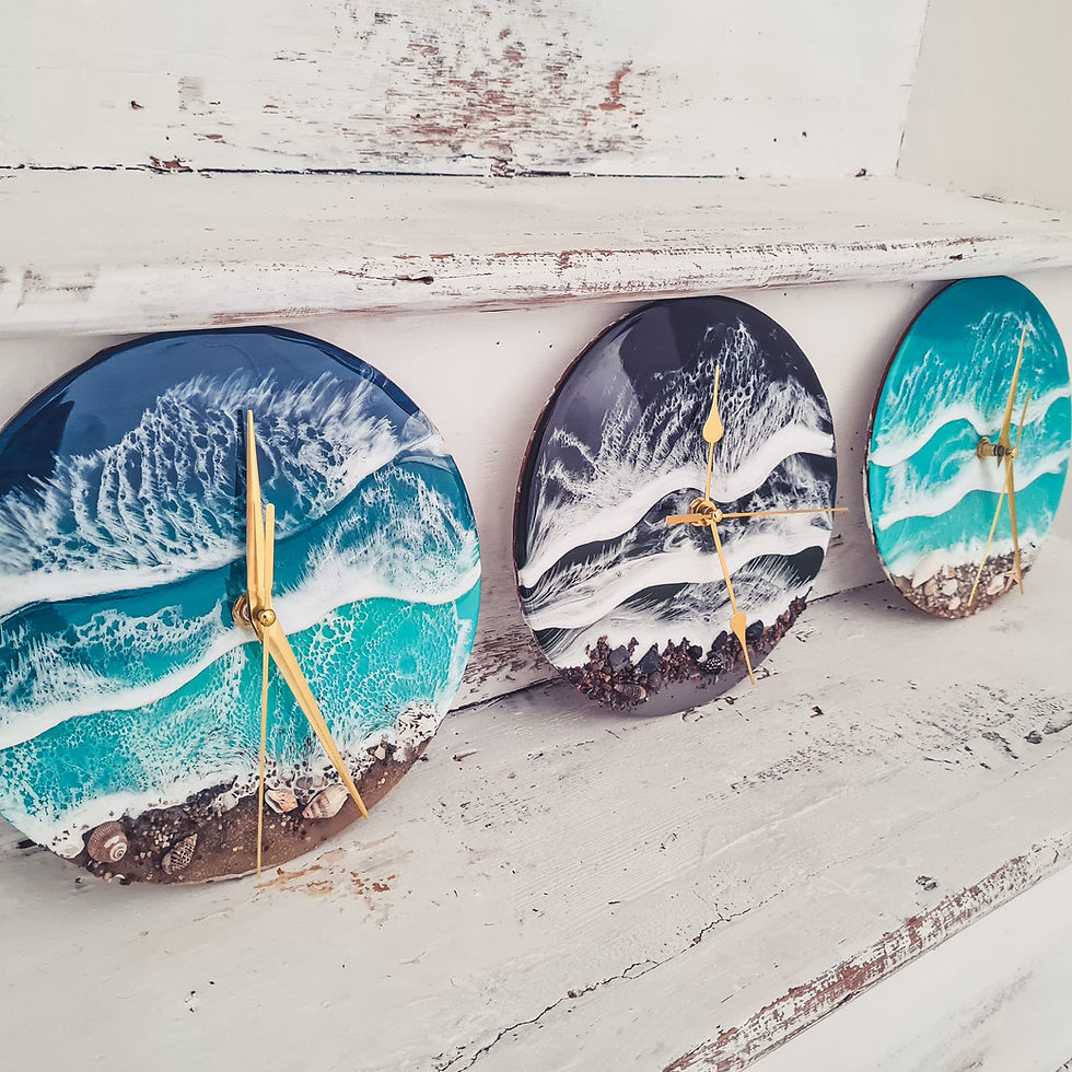 Thumbnail: A side view of three ocean resin clocks.