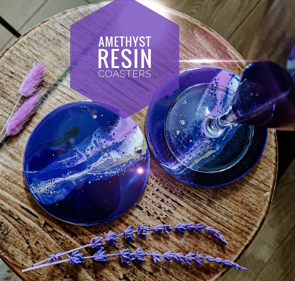 Amethyst resin coasters rest on a table, adorned with a purple glass and blooms.