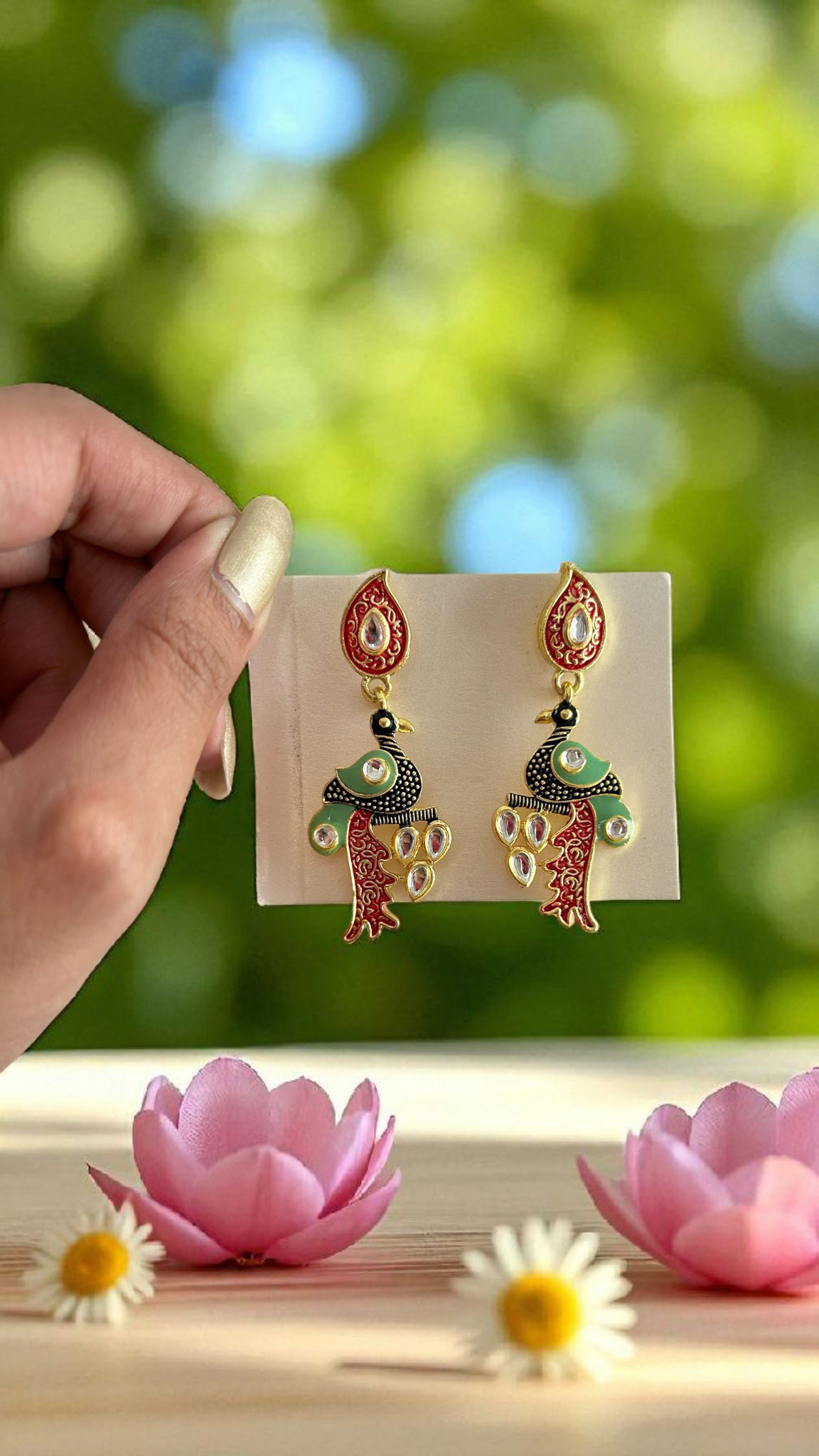 Ethnic Kundan Polki Earrings Set with Pearls (Red, Green)