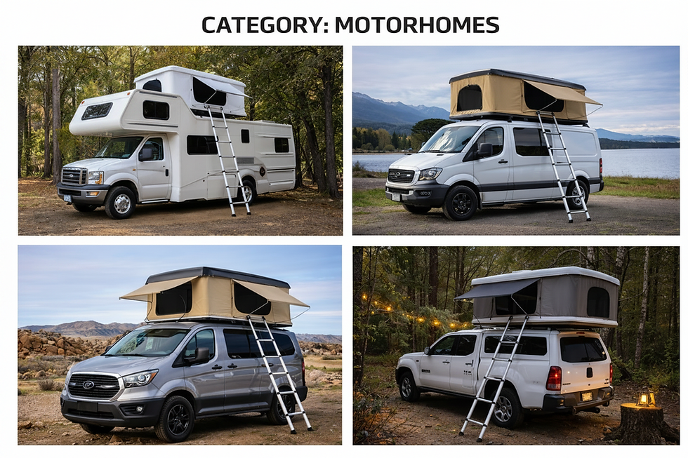 Collage of four motorhomes with roof tents in outdoor settings
