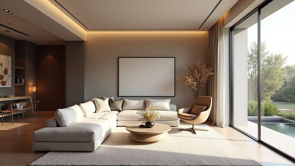 Wide angle view of a luxury home interior with modern design