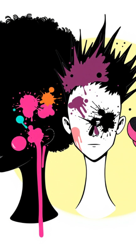 An illustration of a head that is black and a large pink afro with colorful paint splash,