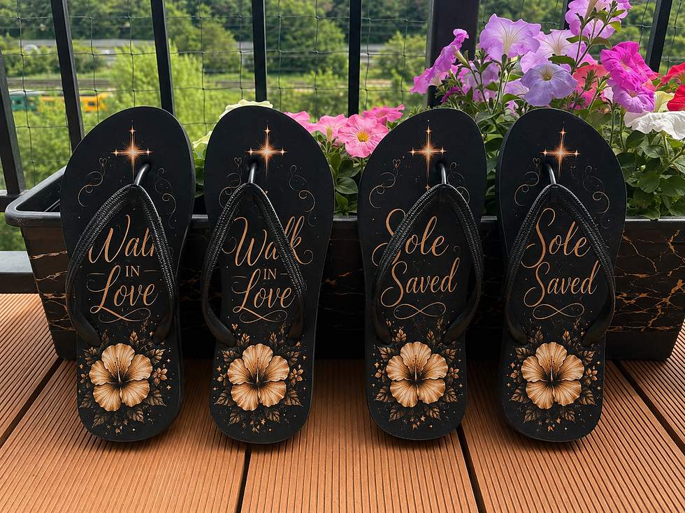 Christian flip flops with black straps featuring Walk In Love, Sole Saved, Grace Steps and Holy Steps faith designs by Tracey