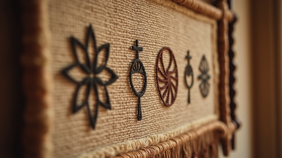 Close-up view of a handwoven wall hanging with faith symbols