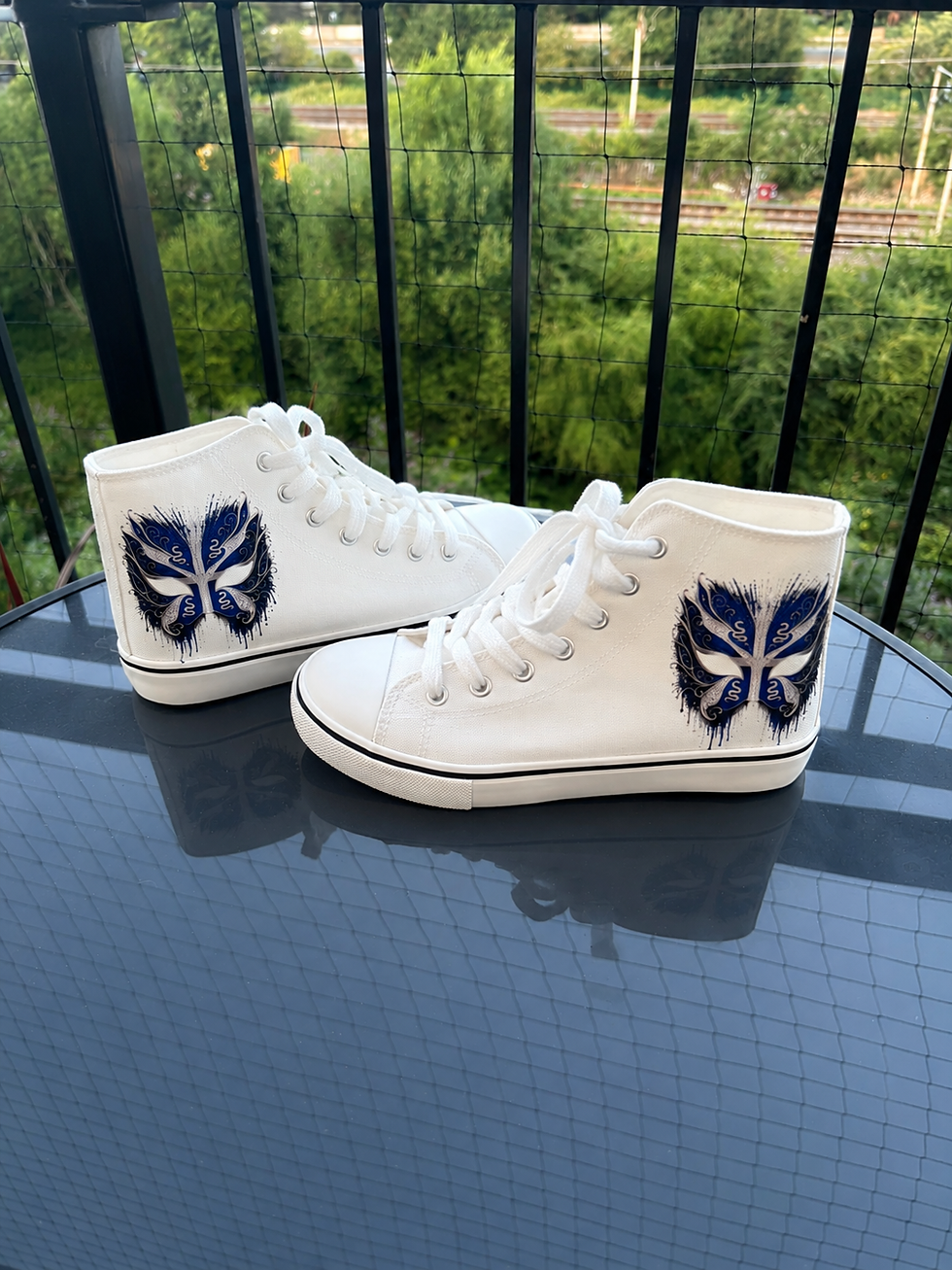 Personalised Caribbean Island High-Top Trainers with Martinique masquerade mask design