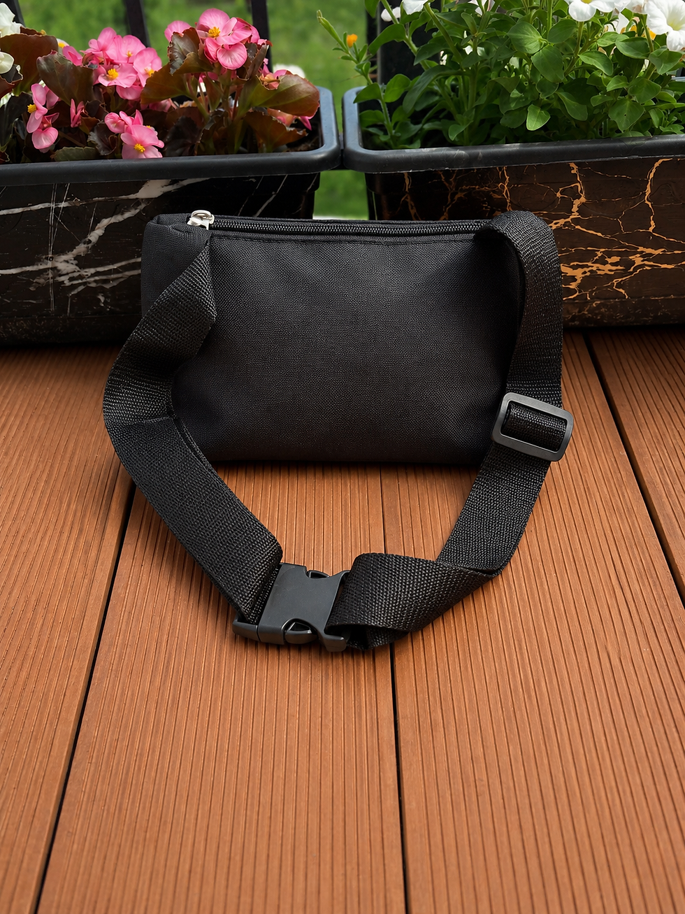 Black waist bag with adjustable strap, ready for custom Caribbean carnival mask design by Tracey J Designs