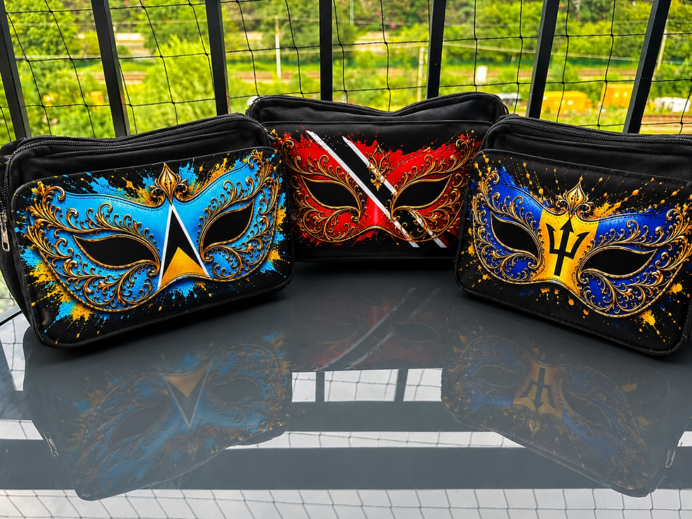 Caribbean carnival mask waist bags with colourful island-inspired mask designs by Tracey J Designs