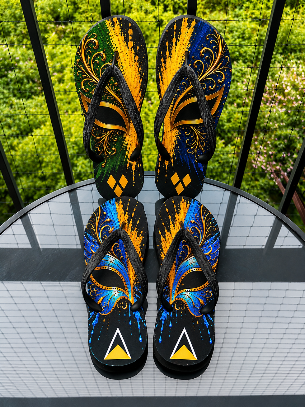 Caribbean carnival flip flops with black straps featuring colourful island-inspired carnival mask artwork by Tracey J Designs