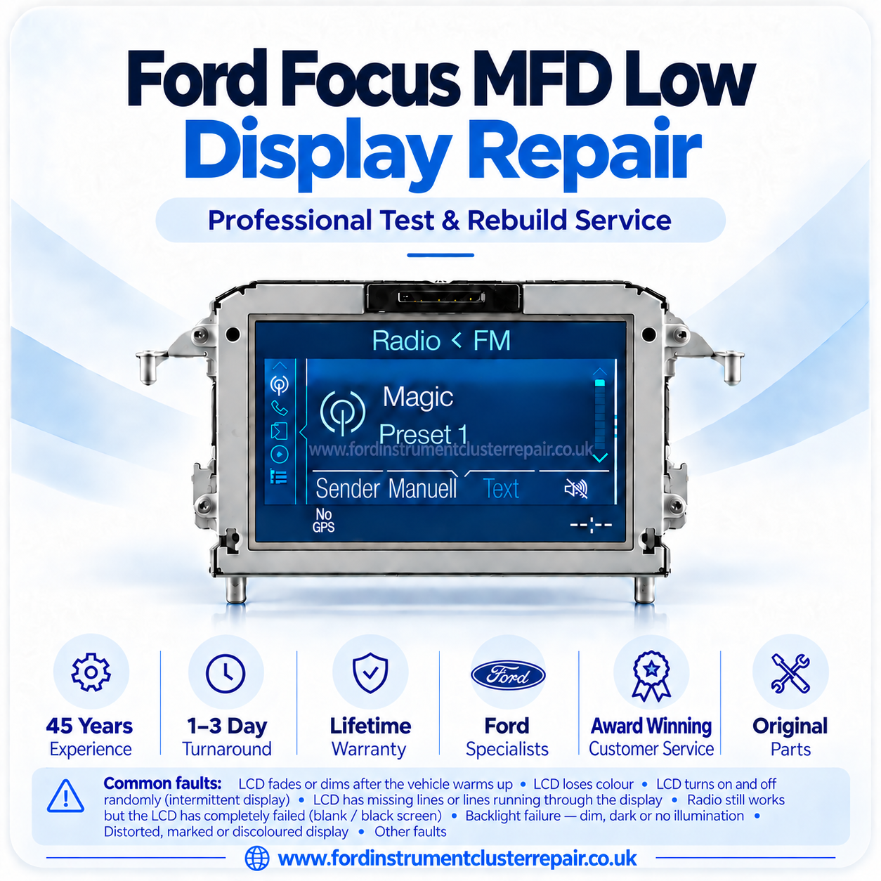 Ford Focus MFD Low Nav LCD Monitor Repair Service