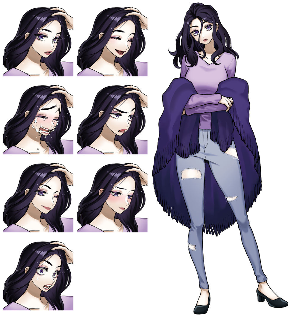 クール系の女性のキャラクターです。
強くてセクシーな印象を与えるため、バストアップは髪をかき上げているポーズにしました。
全身の立ち絵はダメージジーンズとヒールを履かせ、フェミニンさを強調しました。
また、衣装差分として着物版も作成しました。テーマカラーである紫の着物に、蓮の花と川を配置しました。

This is a cool female character.
To create a strong and sexy impression, the bust-up was posed with her hair brushed back.
For the full body standing pose, I had her wear damaged jeans and heels to emphasize her femininity.
A kimono version was also created as a costume diff. The kimono is purple, the theme color, with lotus flowers and a river.