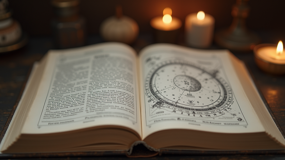 Eye-level view of an open astrology book with star charts
