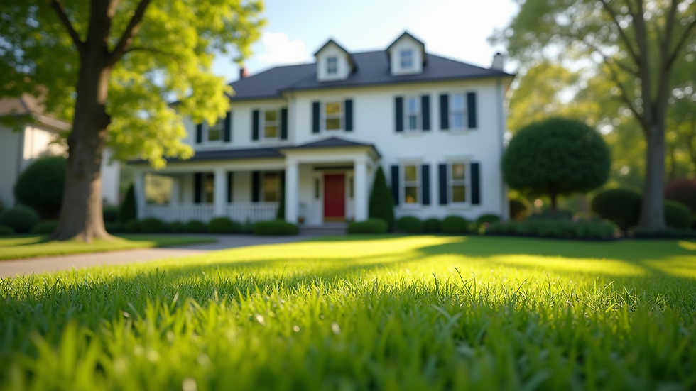 Eye-level view of a beautiful suburban home with a well-manicured lawn