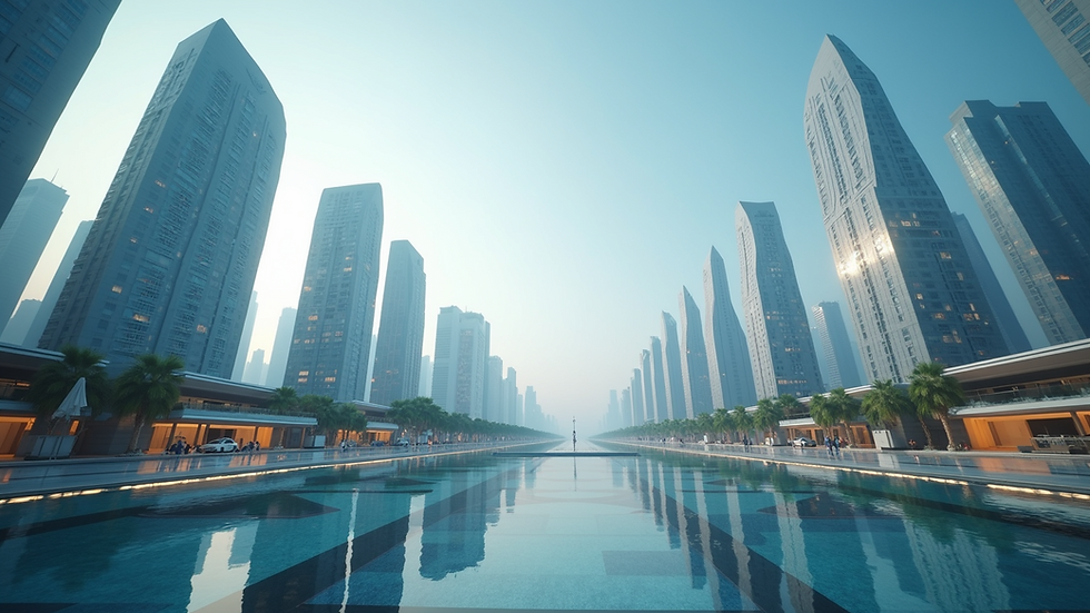 Eye-level view of a futuristic skyline with a focus on innovative buildings