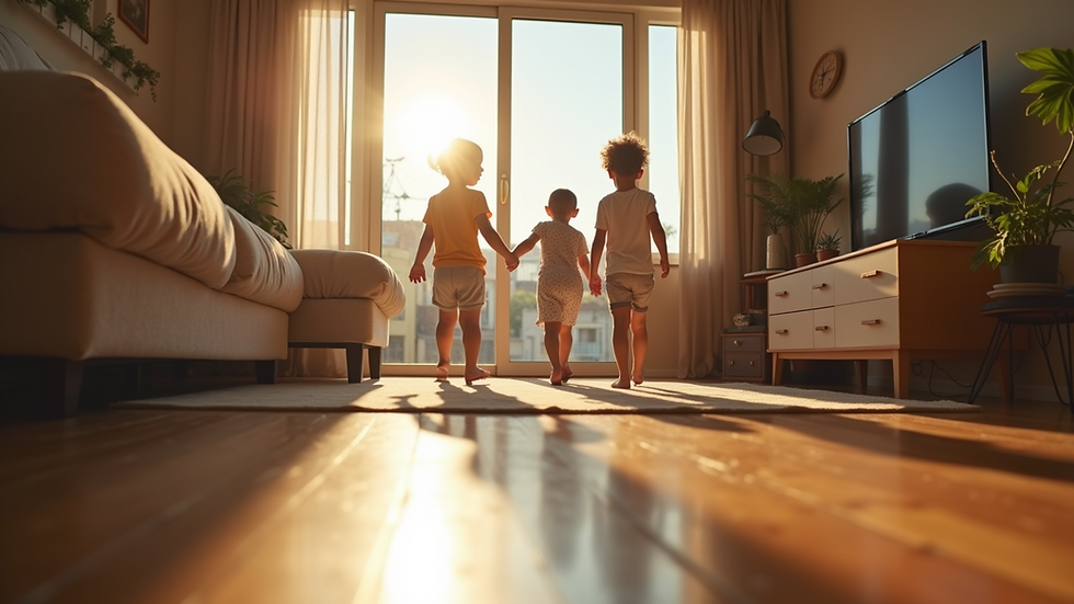 Eye-level view of a cozy co-living space with children playing in the background