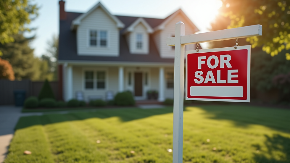 Close-up view of a house for sale sign in front of a property