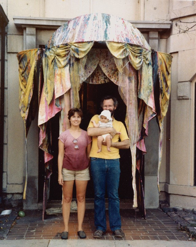 Alan Neider, wife and litlle daughter Alexis, in front of the awning for the Nancy Lurie Gallery, Chicago 1980