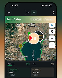 Interface of the Jesus Trails Challenge app showing a personalized icon tracking a user's steps on a virtual map of the Galilean Miracles Trail.