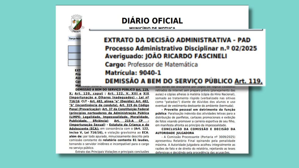 Ricardo é demitido do cargo de professor após conclusão de PAD; ex-prefeito de Motuca fala em perseguição