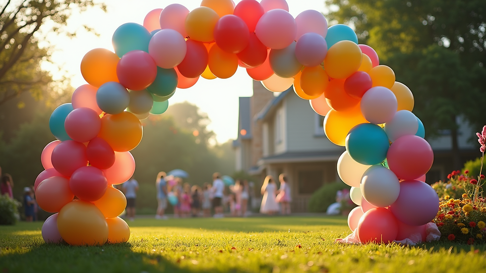 Eye-level view of a colorful balloon arch at a garden party
