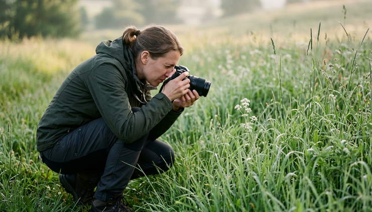 Eye-level view of a photographer kneeling in tall grass while framing a small wildflower.