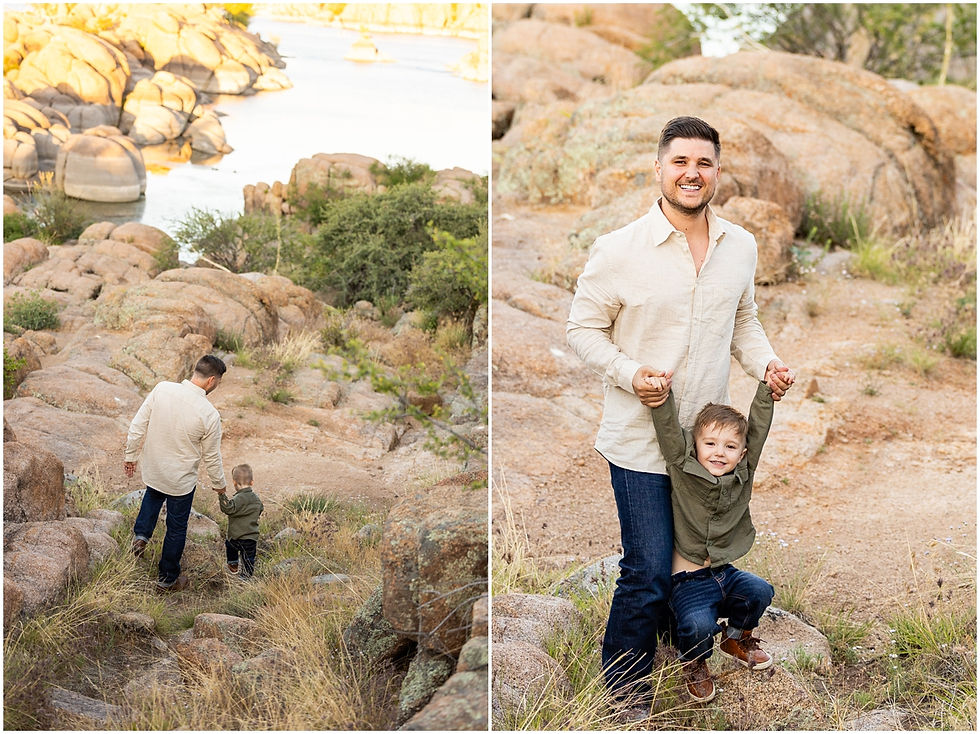Dad and son candid photos at lake. Family portraits at Lake Watson in Prescott Arizona by Jennifer Bowen Photography