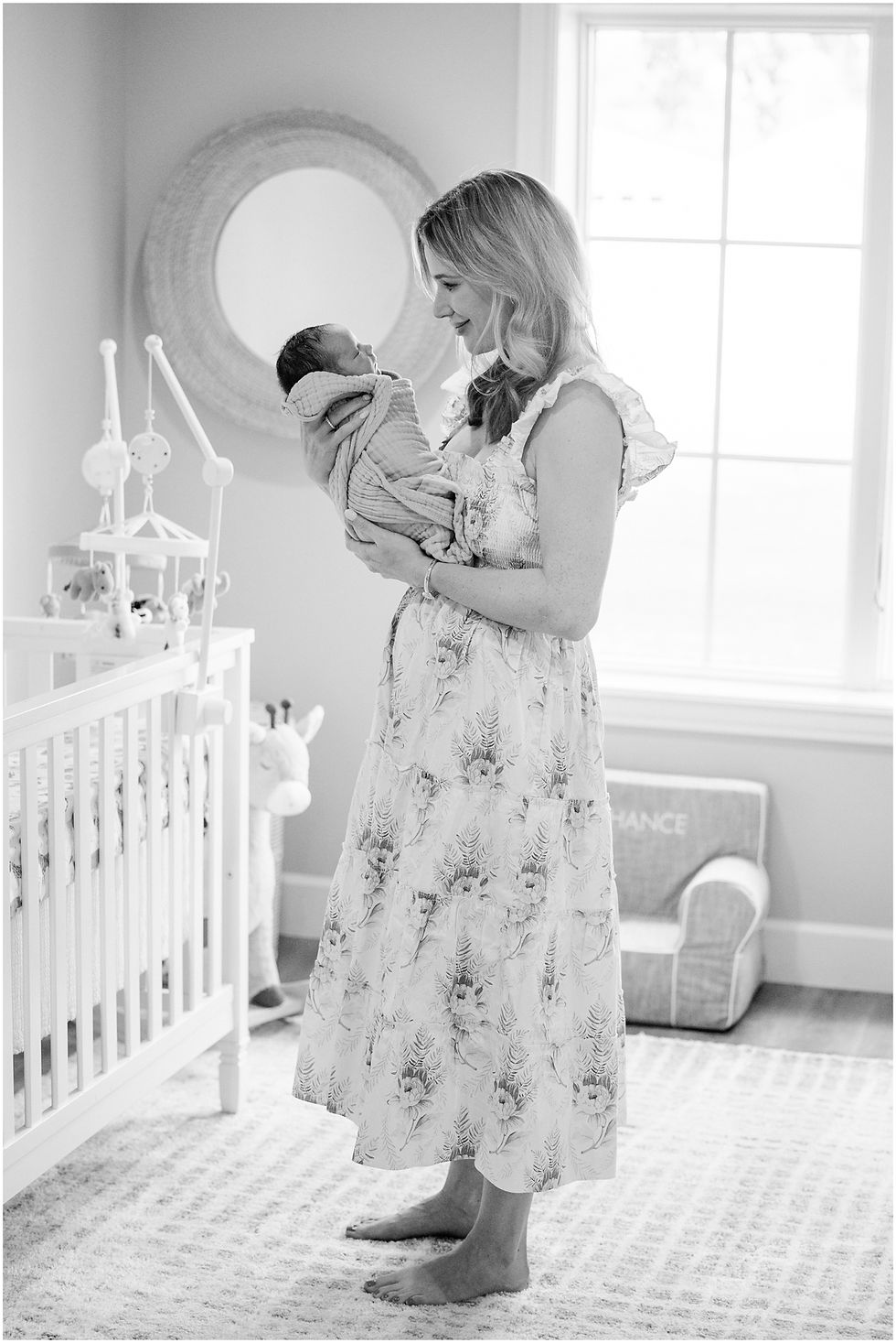 Black and white portrait of mom and baby. At home newborn session. Photo by Scottsdale photographer Jennifer Bowen