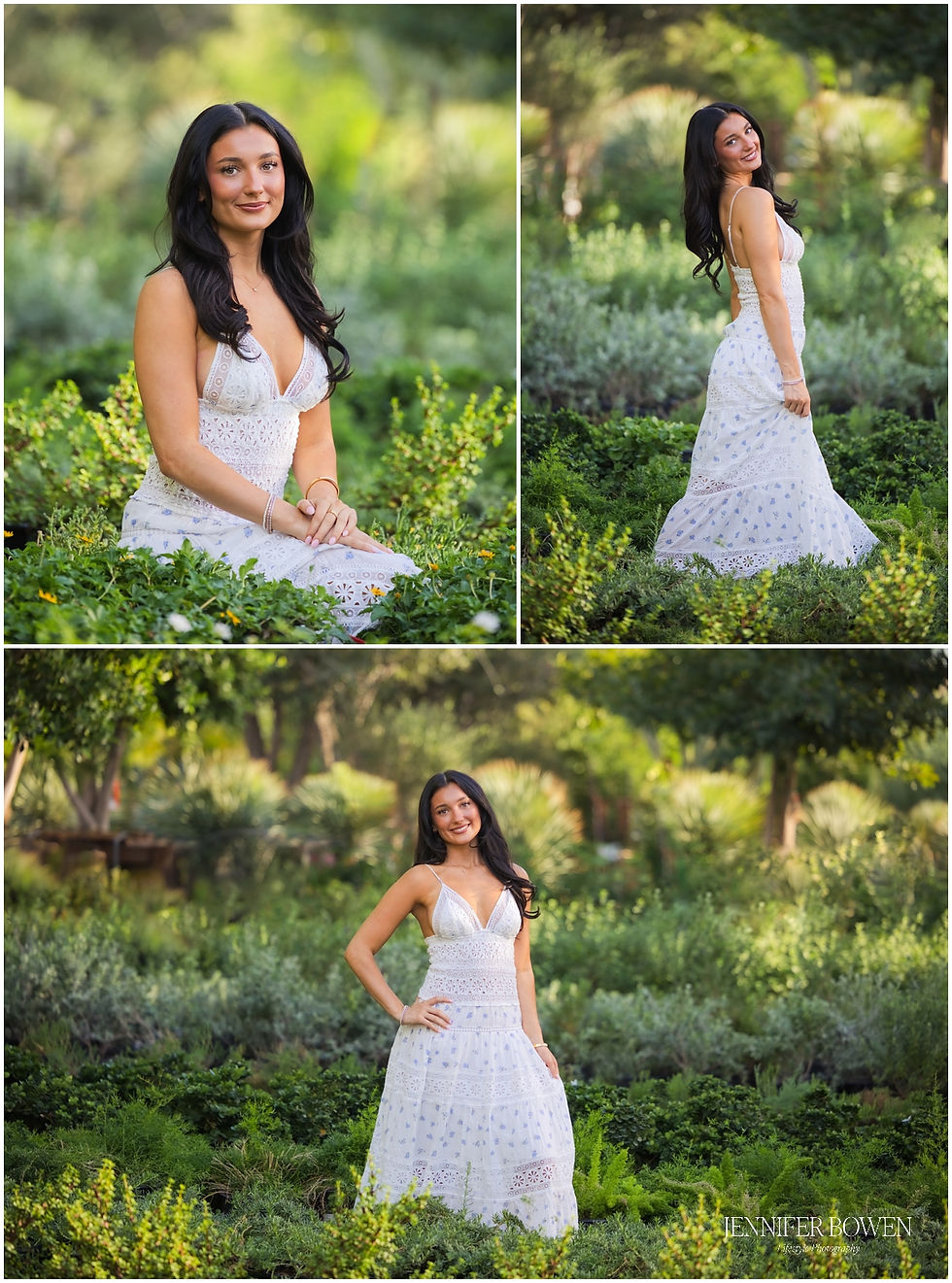 Woman in a white dress posing and smiling in a lush green garden; Senior Portraits by Jennifer Bowen Photography in Scottsdale AZ