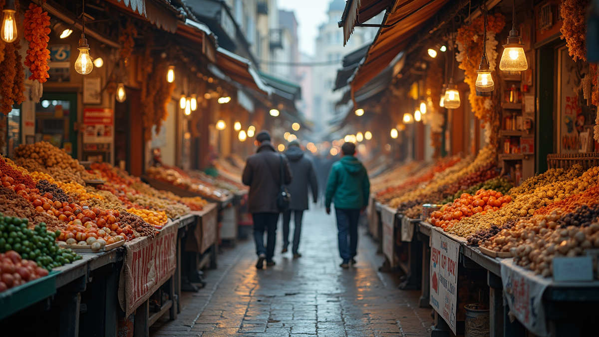 Eye-level view of a vibrant marketplace with diverse vendors