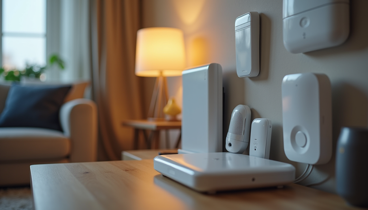 Close-up view of a smart home hub device with multiple connected sensors