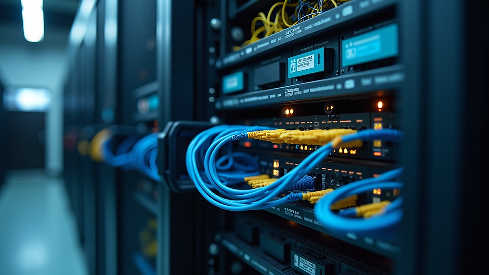 Eye-level view of server rack with network cables and IoT devices