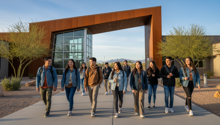 Wide-angle view of students walking toward a bright high school entrance in North Las Vegas.