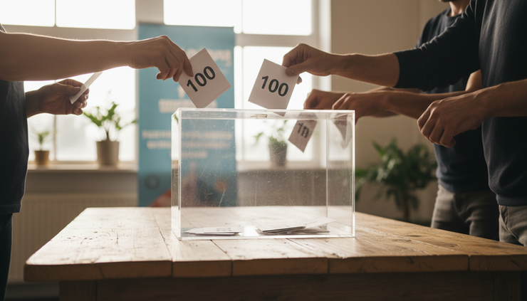 Eye-level view of numbered application cards being placed into a clear container.