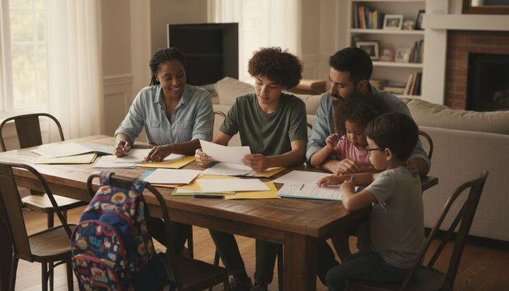 Wide-angle view of a family reviewing school documents together at a dining table.