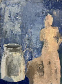 An abstract oil painting featuring a loosely defined nude figure on the right, rendered in warm beige tones, standing against a textured blue background. To the left, a large silvery milk jug and a hint of a bicycle handle add narrative intrigue, suggesting a rural or domestic memory.