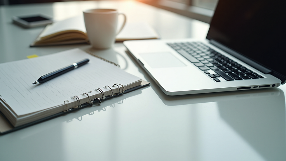 High angle view of a laptop and notebook on a clean desk, symbolizing business growth