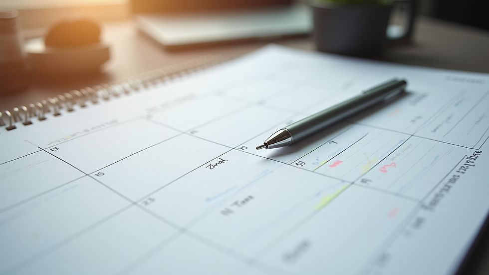 Close-up view of a calendar and planner with notes and a pen
